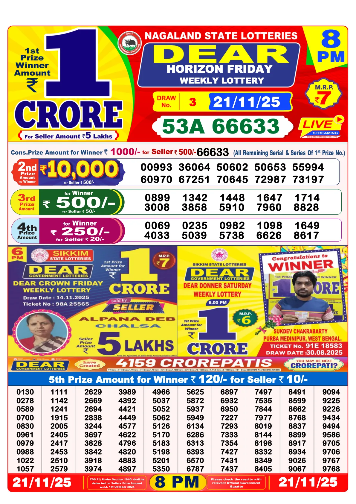 Lottery Sambad Night 8PM Result 21-11-2025 - Dear Night