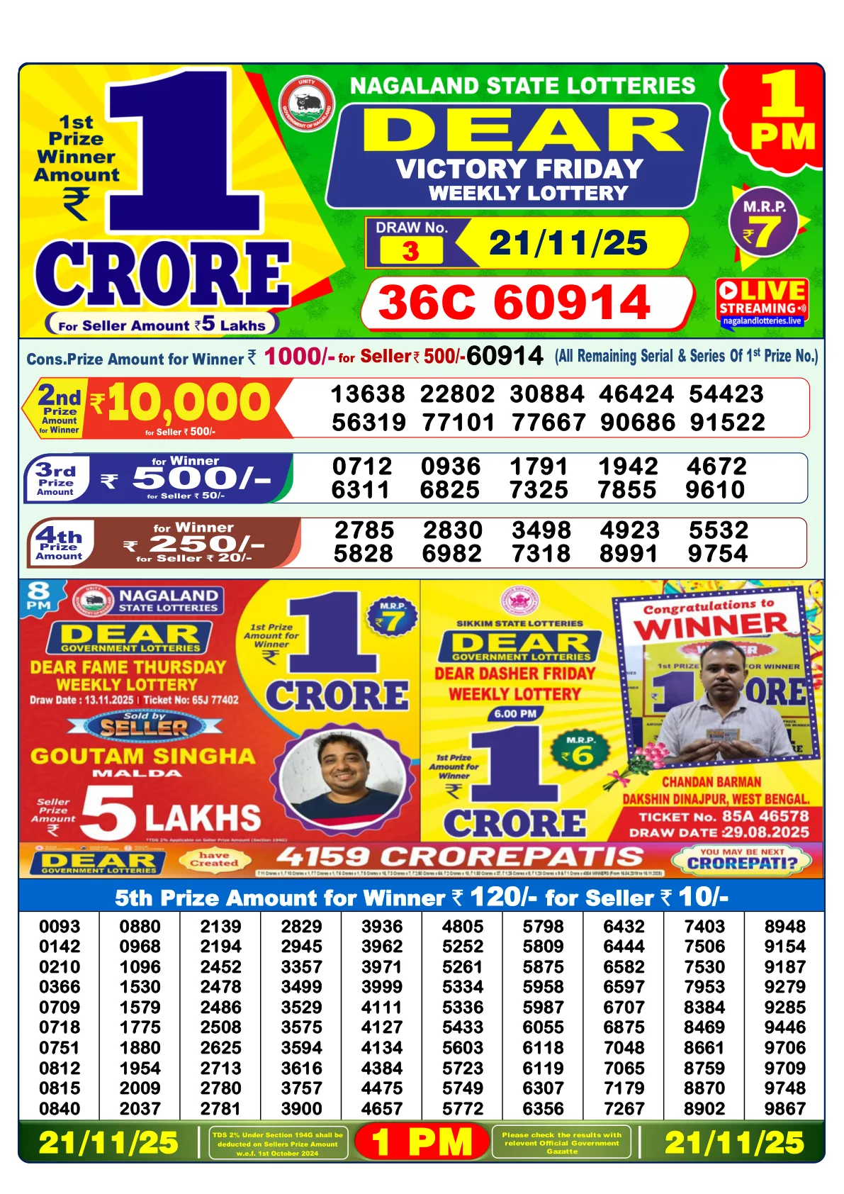 Lottery Sambad Morning 1PM Result 21-11-2025 - Dear Morning