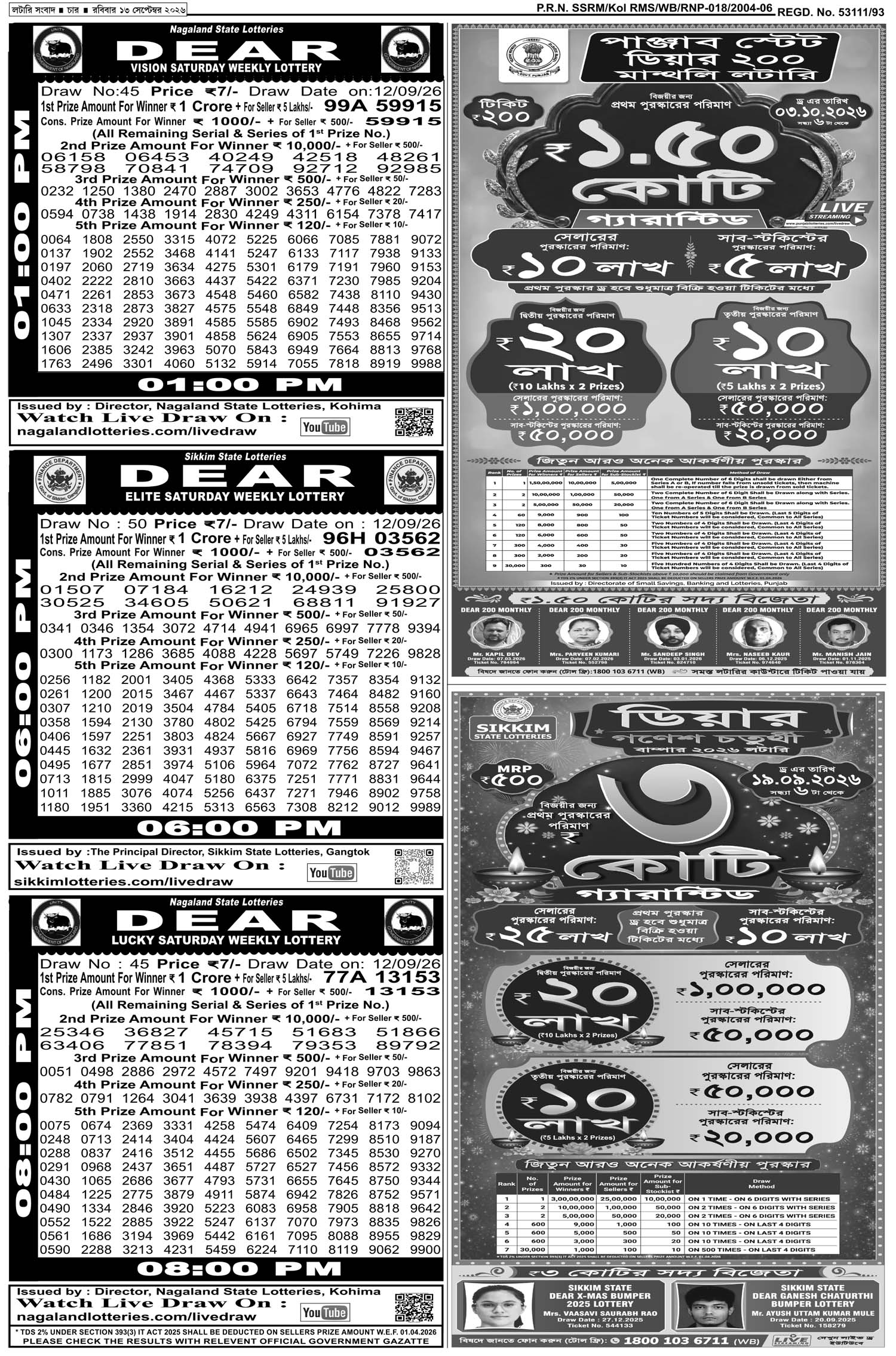 Lottery Sambad E-Paper 13 September 2026