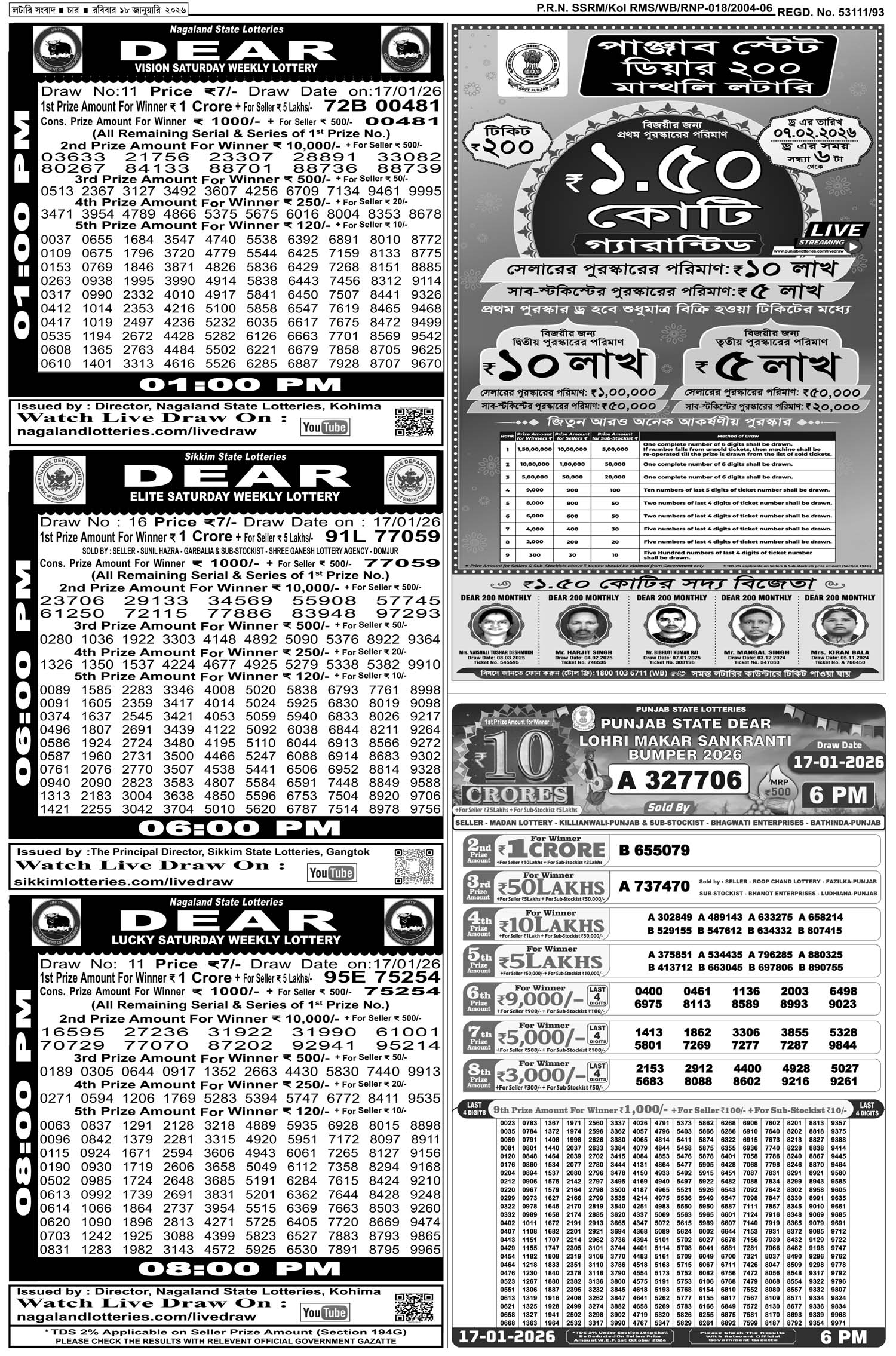 Lottery Sambad E-Paper 18 January 2026