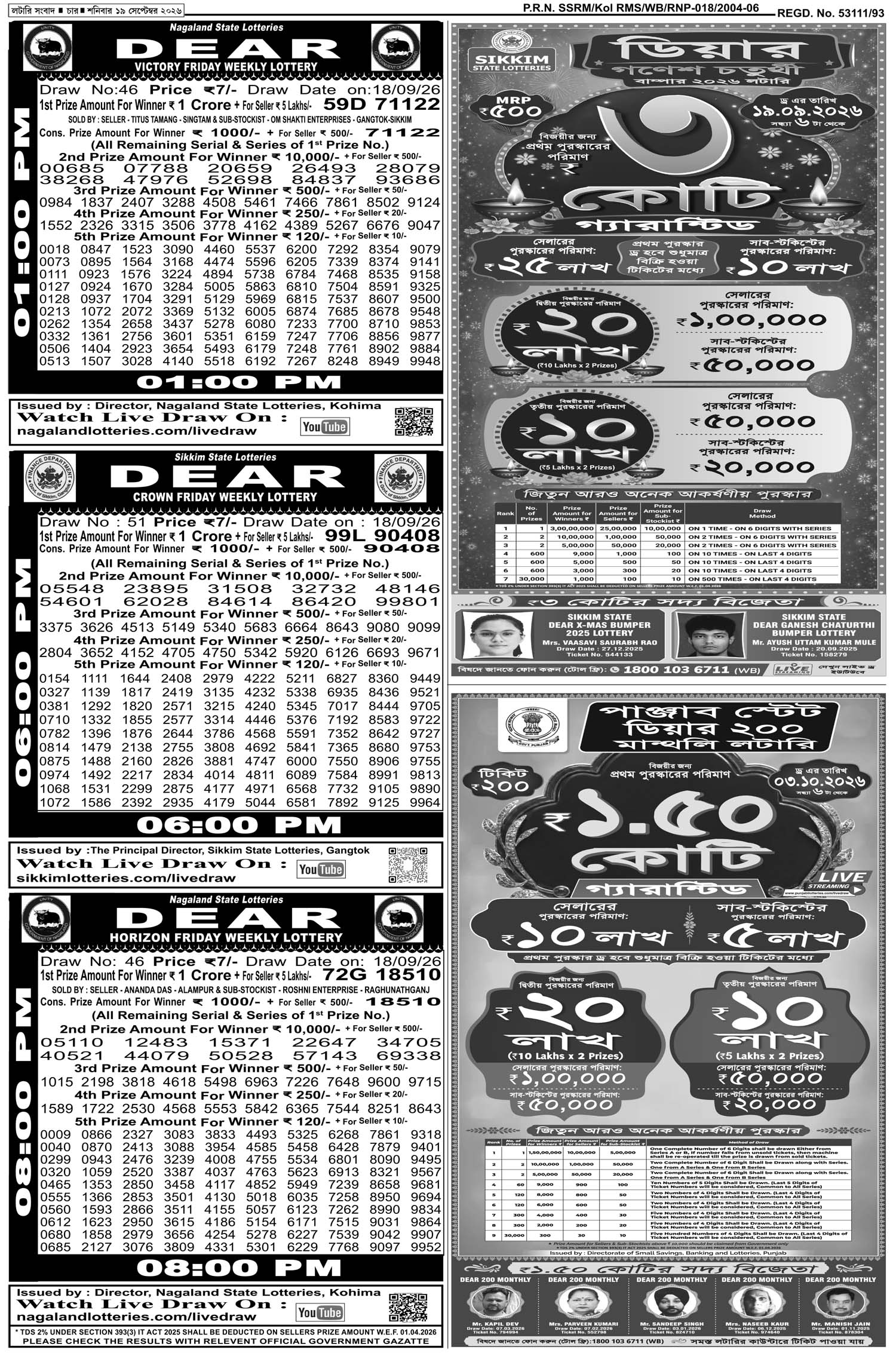 Lottery Sambad E-Paper 19 September 2026