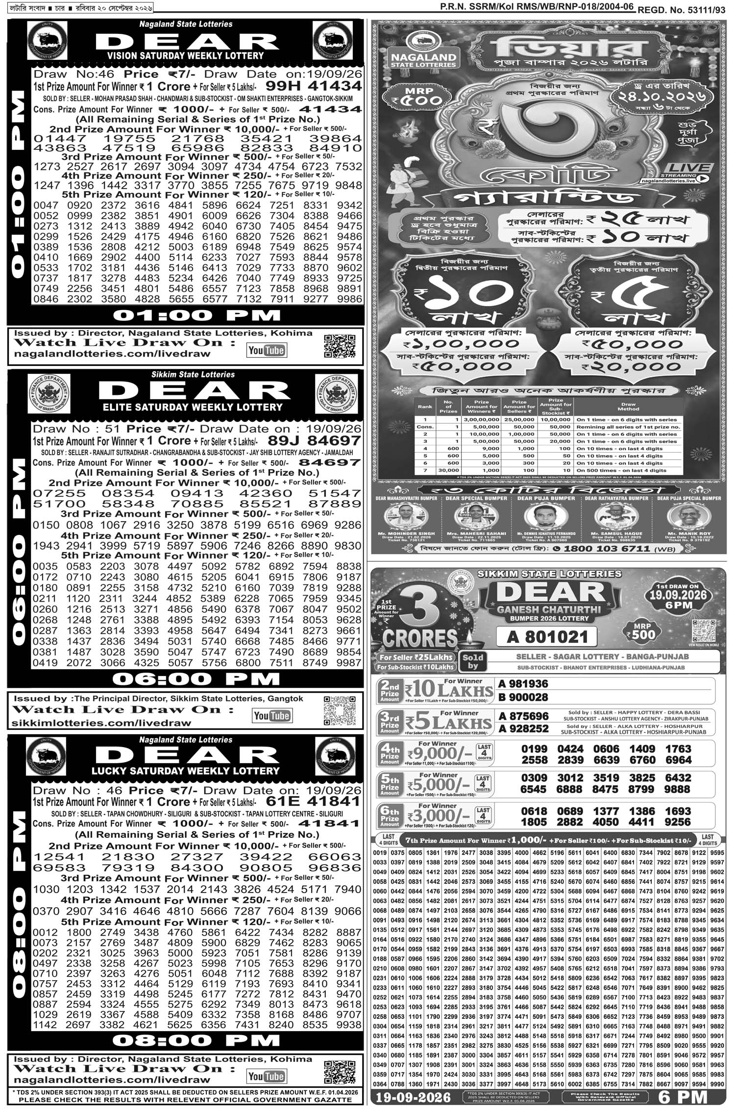 Lottery Sambad E-Paper 20 September 2026