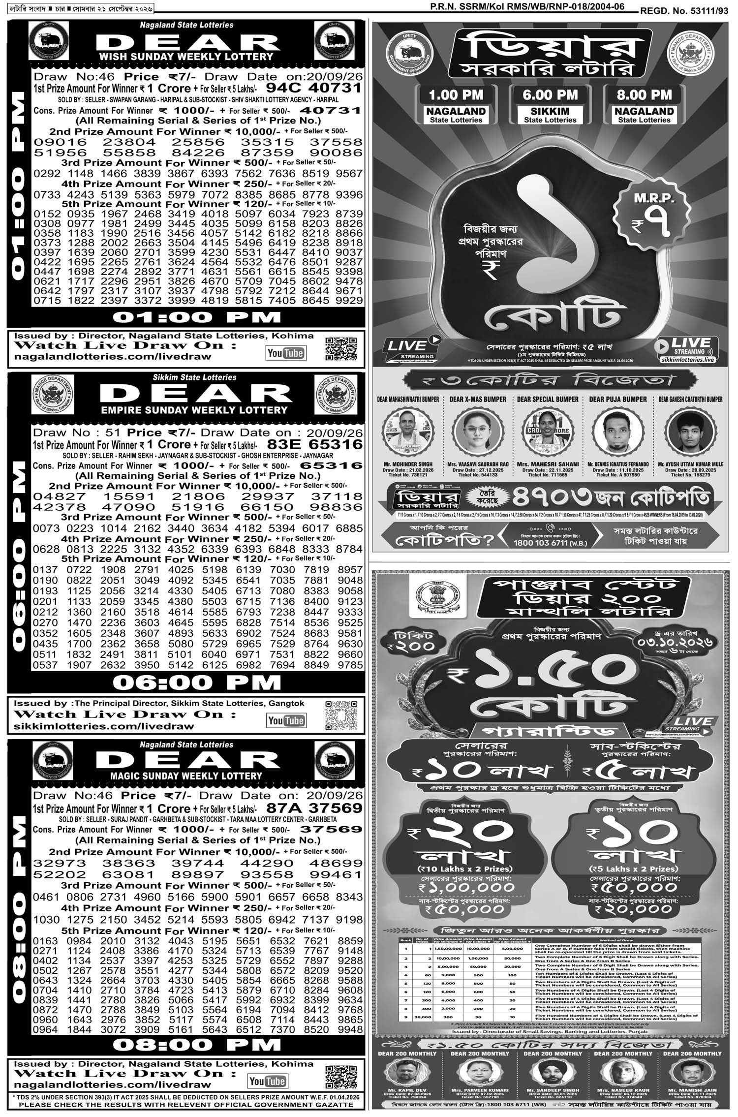 Lottery Sambad E-Paper 21 September 2026