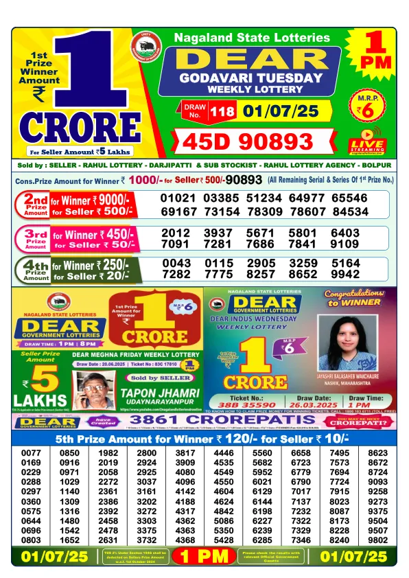 Lottery Sambad Result Today 01-07-2025 1PM