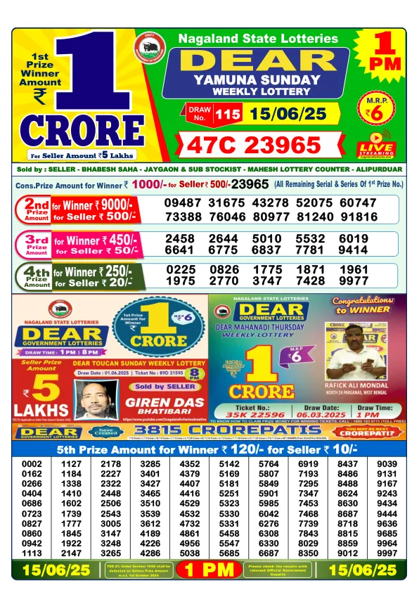 Lottery Sambad Result Today 15-06-2025 1PM