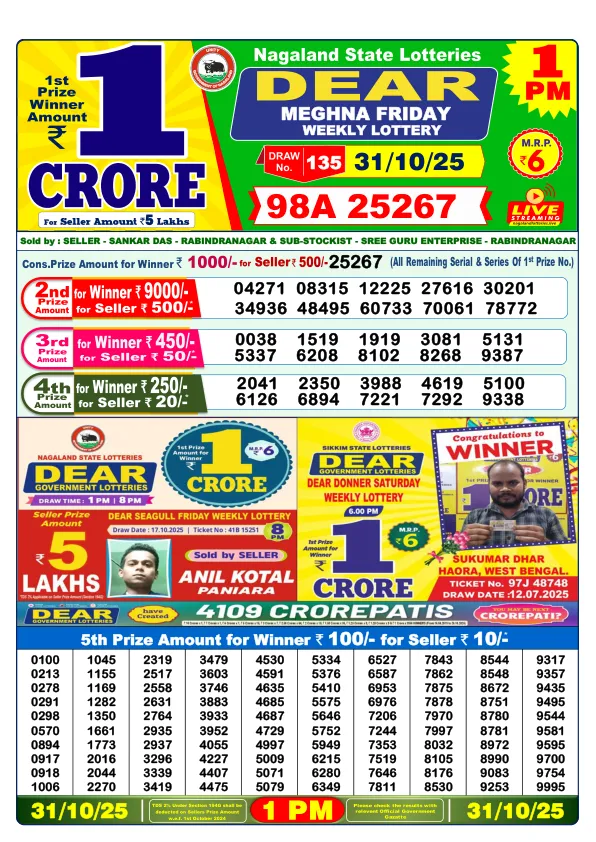 Lottery Sambad Result Today 31-10-2025 1PM