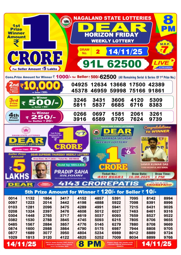 Lottery Sambad Result Today 15-11-2025 8PM