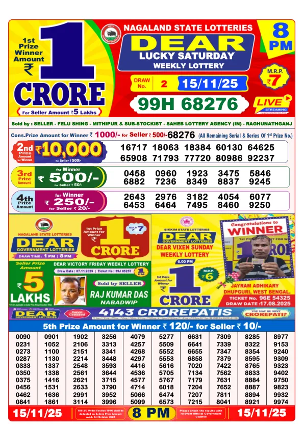 Lottery Sambad Result Today 15-11-2025 8PM