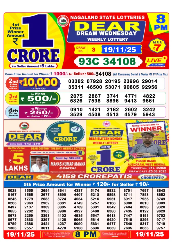 Lottery Sambad Result Today 19-11-2025 8PM